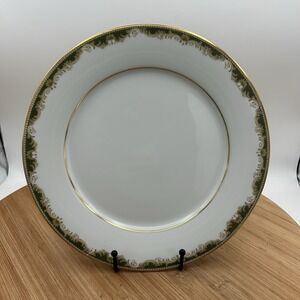 Noritake WARRINGTON 10.5" Dinner‎ Plates. 6872. Green Band, Tan Scrolls